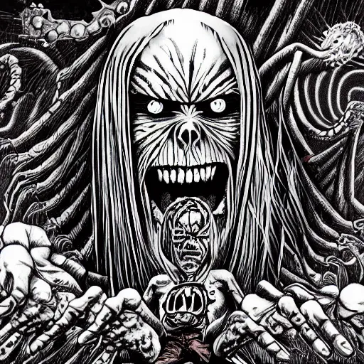 Prompt: iron maiden album with junji ito art