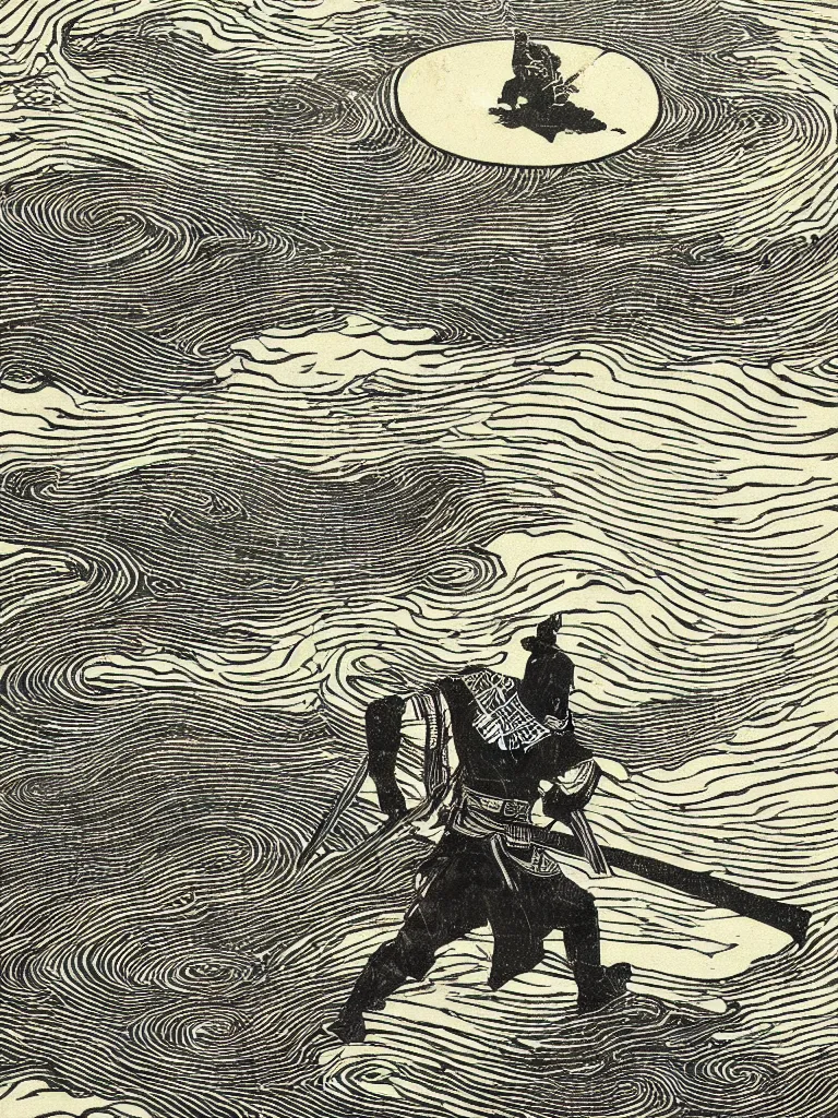 Image similar to old printmaking woodblock print of a samurai (in the middle of the composition, centered) with a katana standing in water with ripples around him, a big sun above. beautiful dark fantasy, 8k detail