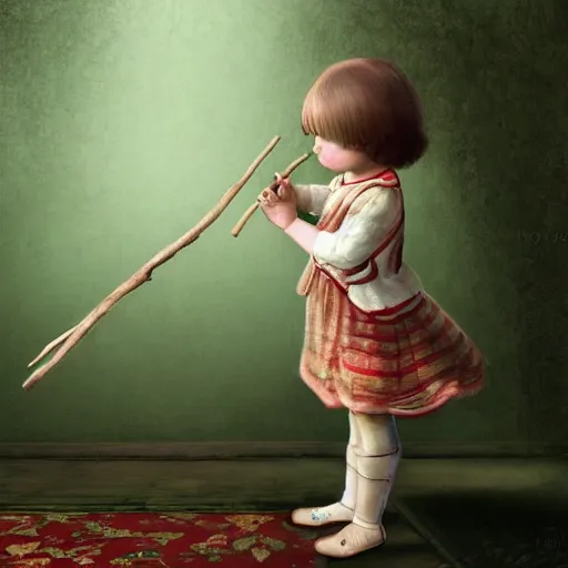 Image similar to Victorian child holding a stick poking an Apple iPod lying on the floor time warp, digital art, concept art, intricate detail, ray tracing, smooth, sharp detail, photorealistic