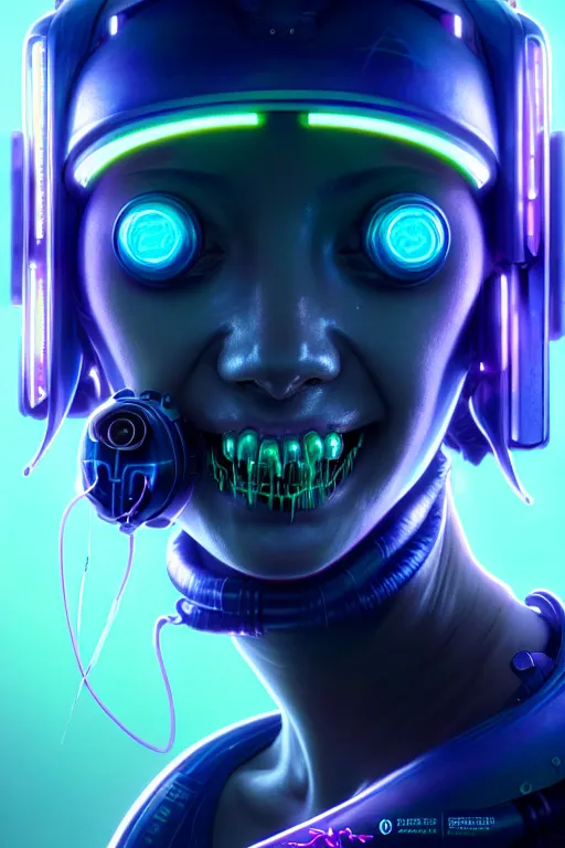 Image similar to portrait of a cute smiling bioluminescent creature, cyberpunk, dark retrowave, highly detailed, asymmetrical artwork, cinematic, hyperrealism, art stanley lau and artgerm and magali villeneuve and alphonse mucha, artstation, octane render, unreal engine, 8 k, aperture f 1. 2