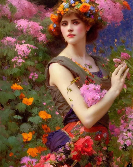 Image similar to an attractive girl wearing a colourful dress and surrounded by flowers. highly detailed painting by gaston bussiere, craig mullins, j. c. leyendecker 8 k