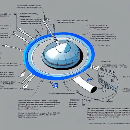 Image similar to a highly detailed technical schematic, blue - print, of a ufo propulsion system, for dummies, english texts, anti - gravity