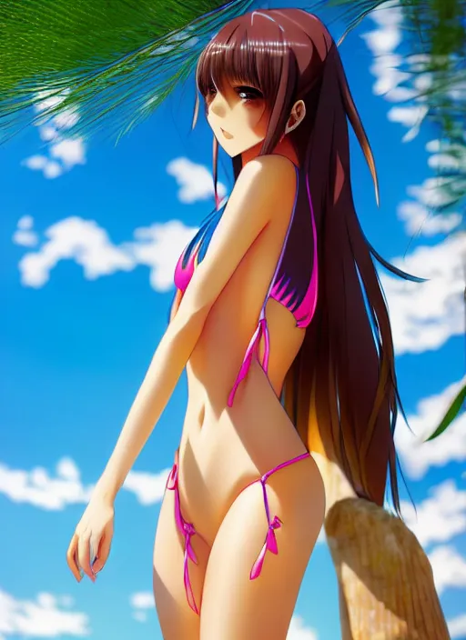 Image similar to photo of a gorgeous anime girl in bikini in the style of stefan kostic, realistic, half body shot, sharp focus, 8 k high definition, insanely detailed, intricate, elegant, art by stanley lau and artgerm, extreme bokeh foliage