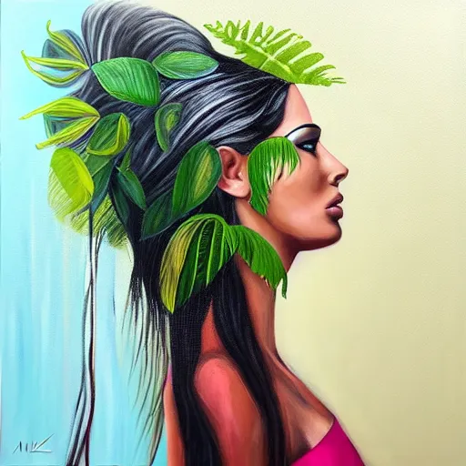 Prompt: side view portrait of beautiful woman constructed of a tropical rainforest, her hair is constructed of a waterfall, acrylic painting, art by dimitra milan.