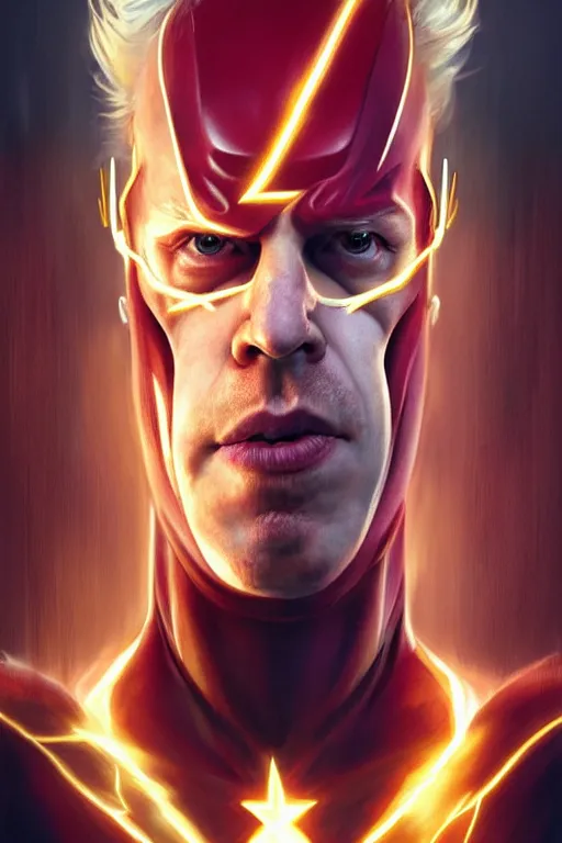 Image similar to Boris Johnson as Flash by Zack Snyder, realistic portrait, symmetrical, highly detailed, digital painting, artstation, concept art, smooth, sharp focus, illustration, cinematic lighting, art by artgerm and greg rutkowski and alphonse mucha