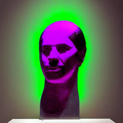 Image similar to dayglo purple extemporaneous, chaotic by jean - francois millet. a kinetic sculpture of a human head seen from multiple perspectives at once, as if it is being turned inside out. every angle & curve of the head is explored & emphasized, creating an optical illusion.