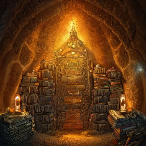 Image similar to epic view of an ancient dark byzantine cave interior, ornate oil lamp on a pile of crystals, books covered in jewels, ornate, surrounded by strange statues and treasure, full of sand and glitter, hyper real, Indiana Jones, Tomb Raider, trending on artstation, concept art, cinematic, jewels, hyperrealistic