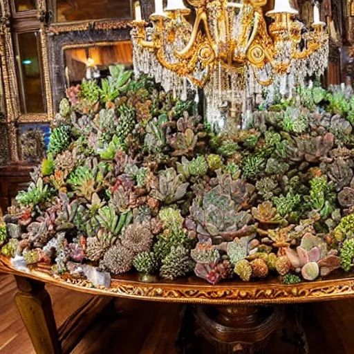 Prompt: a ornate wooden table covered in dozens of huge crystal succulent hybrids, intricate and detailed environment, art by rembrandt