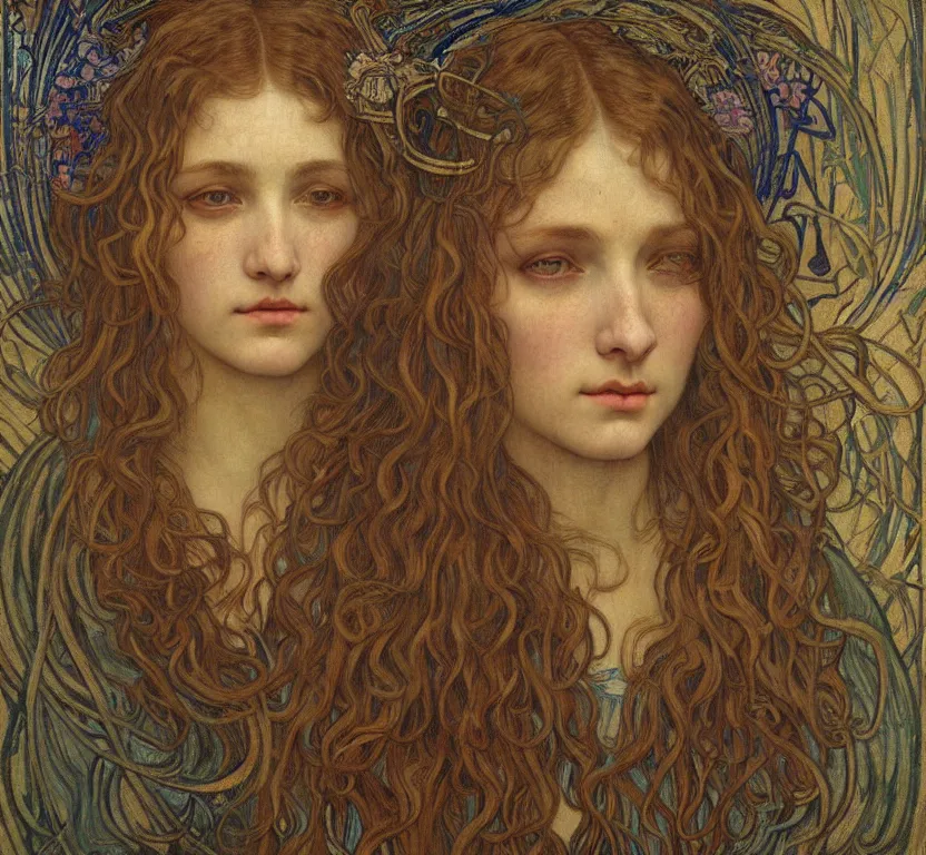 Image similar to detailed realistic beautiful young medieval queen face portrait by jean delville, alphonse mucha, vincent van gogh, and marco mazzoni, art nouveau, symbolist, visionary, gothic, pre - raphaelite