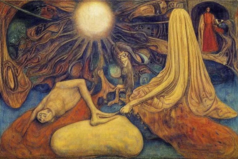 Image similar to the wake of the unseen object,by Leonora Carrington and ford madox brown, symbolist, dramatic lighting, elaborate geometric ornament, cool blue and green colors, Art Brut, smooth, sharp focus, extremely detailed