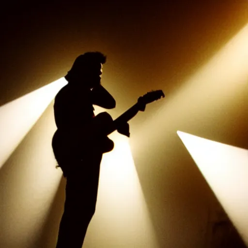 Image similar to a still of Elvis silhouette backstage waiting to play. God rays through, fog.