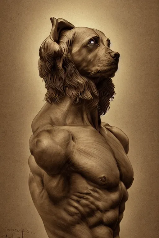 Prompt: Dog as a Greek god, detailed face, greek statue, gorgeous, amazing, muscular, fit, very muscular male body, brilliance, delicate and intricate borders for decoration, intricate, highly detailed, digital painting, artstation, concept art, sharp focus, illustration, art by greg rutkowski beeple , loish and alphonse mucha