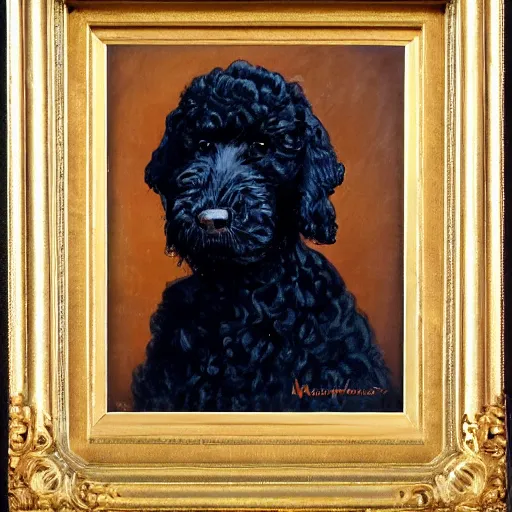 Image similar to Black Goldendoodle with a bright face wearing a Napoleon Era Military Uniform looking melancholy, Norman Rockwell style