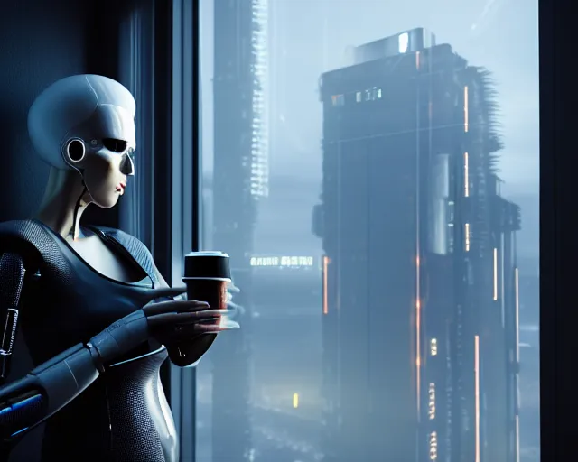 Image similar to a soft photo of a lifelike terminator cyborg lady with borg implants and optical fibers is drinking coffee near a window with dystopian city visible outside. very detailed 8 k. cyberpunk style. unreal engine render. global illumination. nanite. rtx. path tracing.