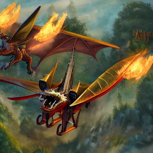 Image similar to fantasy dragon fighting biplanes