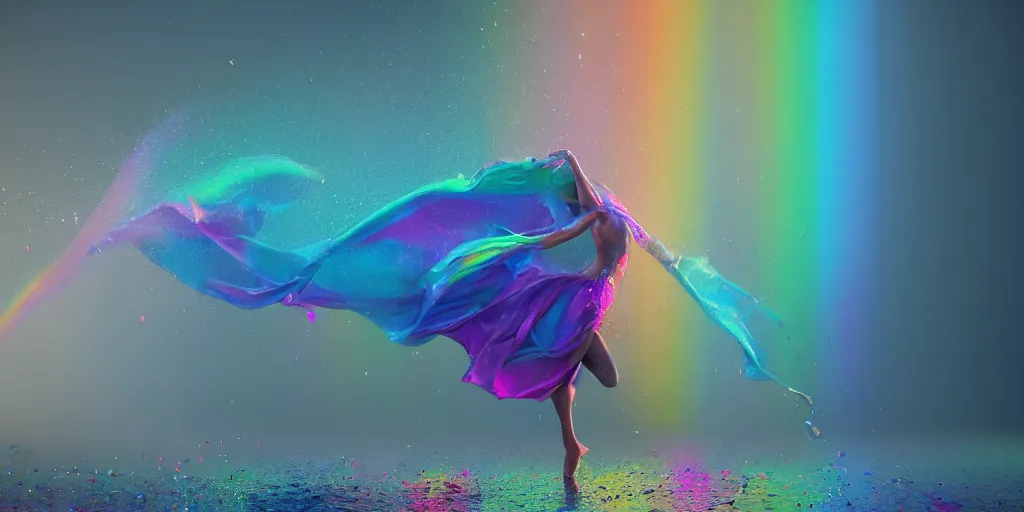 Prompt: a dancing godess enrobed in water mist rainbow in a puddle splattering water, mist, vapour, iridiscent, rainbow, microsecond, 1 / 8 0 0 0 8 k, octane render, unreal engine, ue 5, photoshop, maya, ray tracing