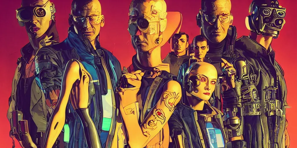 Image similar to cyberpunk heist crew. portrait by stonehouse and mœbius and will eisner and gil elvgren and pixar. character design. realistic proportions. dystopian. cyberpunk 2 0 7 7 character art, blade runner 2 0 4 9 concept art. cel shading. attractive face. thick lines. hi def 4 k. the team. detailed interesting characters. realistic faces.