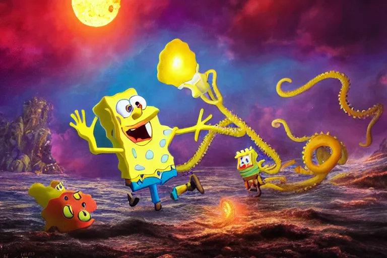 Image similar to Spongebob fighting Cthulhu tentacles, explosions, photorealistic moon surface, high detail, movie poster, lunar, silhouetted