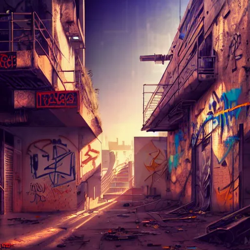 Image similar to graffiti on a wall in a run down building, happy mood, cyberpunk, futuristic, technilogy, high detail, golden light, realistic