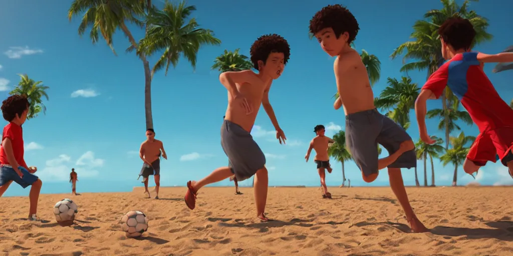 Prompt: a film still of a scene, where boys playing football, a sunny and colourful beach scene in santa monica, los angelos, the weather is very windy. narrow shot, low depth of field, wes anderson, studio ghibli, pixar and disney animation, sharp, rendered in unreal engine 5, anime key art by greg rutkowski, bloom, dramatic lighting