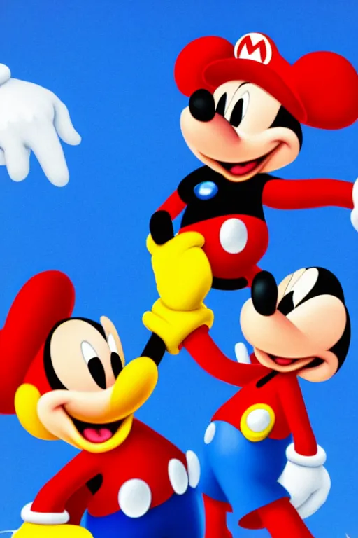 Prompt: Mickey Mouse and Mario from super Mario holding each other‘s hand