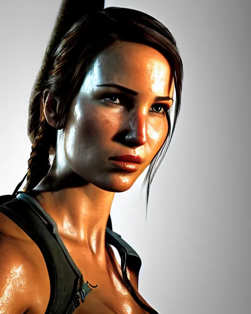 Image similar to portrait of lara croft, focus on her neck, looks thirsty, sweat and heat, muscular sweat