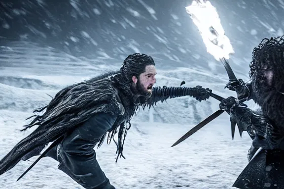 Image similar to very very intricate photorealistic photo of jon snow fighting the night king, photo is in focus with detailed atmospheric lighting, award - winning details