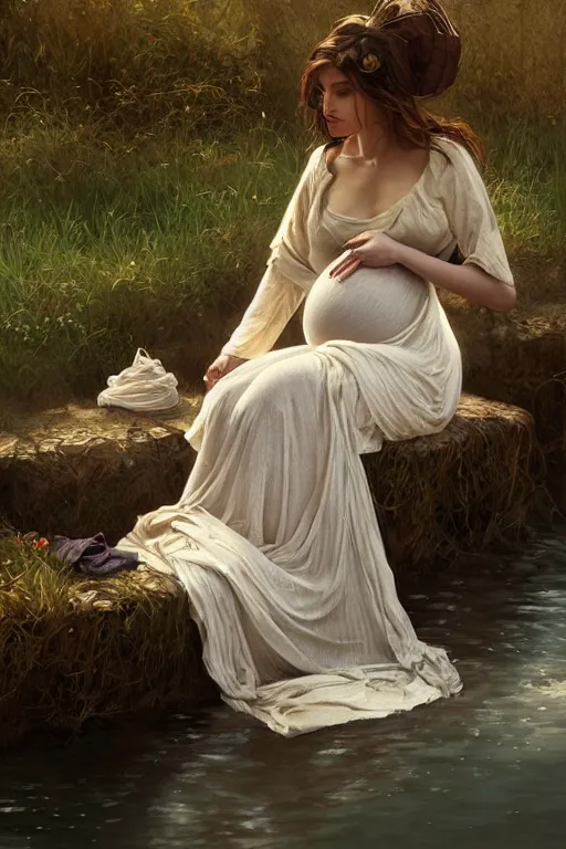 Image similar to rural pregnant woman doing laundry on river, portrait, elegant, intricate, digital painting, artstation, concept art, smooth, sharp focus, illustration, art by artgerm and greg rutkowski and alphonse mucha