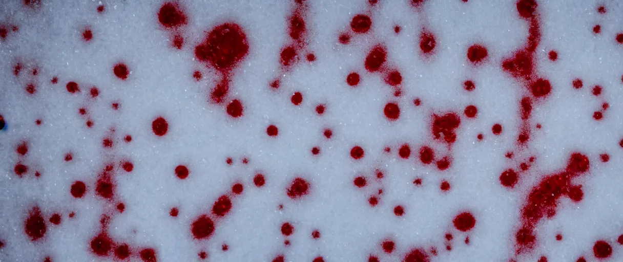 Prompt: top view extreme closeup movie like 3 5 mm film photograph of blood splattered onto the snow in antarctica at night, very dimly lit, in the style of macro photography