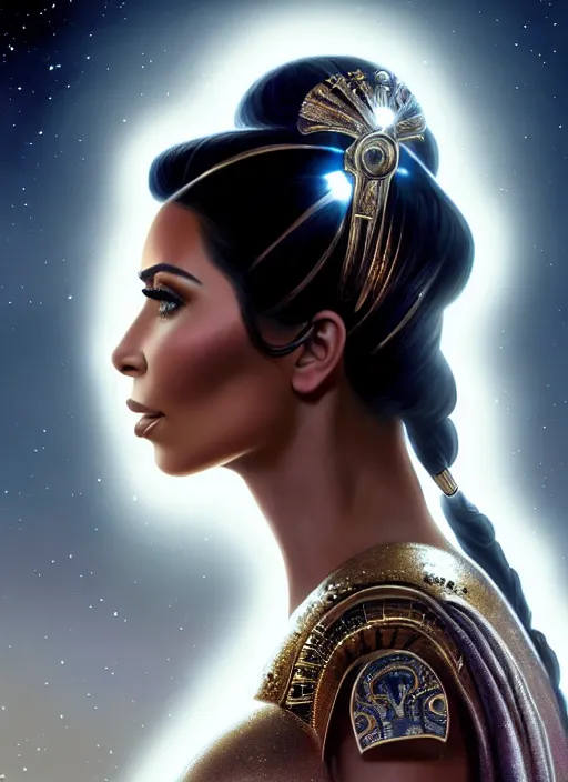 Image similar to A film still of kim kardashian as princess leigha in star wars, highly detailed, digital painting, artstation, concept art, sharp focus, illustration, cinematic lighting, art by artgerm and greg rutkowski and alphonse mucha diffuse lighting, fantasy, intricate, elegant, highly detailed, lifelike, photorealistic, digital painting, artstation, illustration, concept art, smooth, sharp focus, art by John Collier and Albert Aublet and Krenz Cushart and Artem Demura and Alphonse Mucha