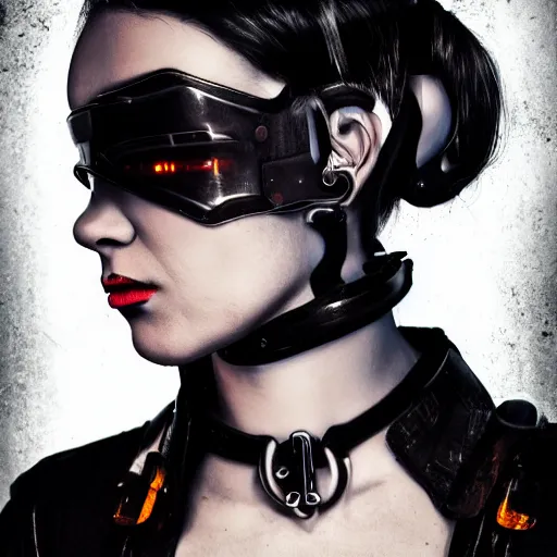 Image similar to a digital artwork of woman wearing technological large steel collar, choker on neck, dark cyberpunk art style, 4K, portrait, punk hairstyle,