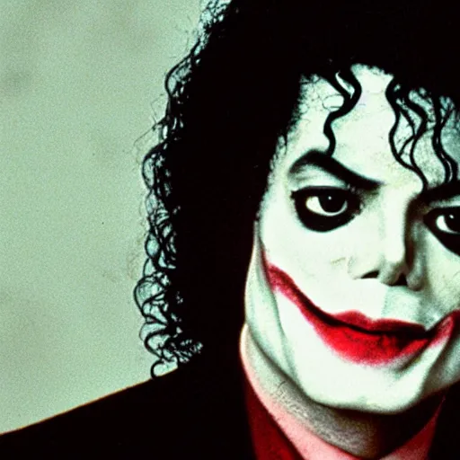 Image similar to a film still of Michael Jackson starring as The Joker, 40mm lens, shallow depth of field, split lighting, cinematic