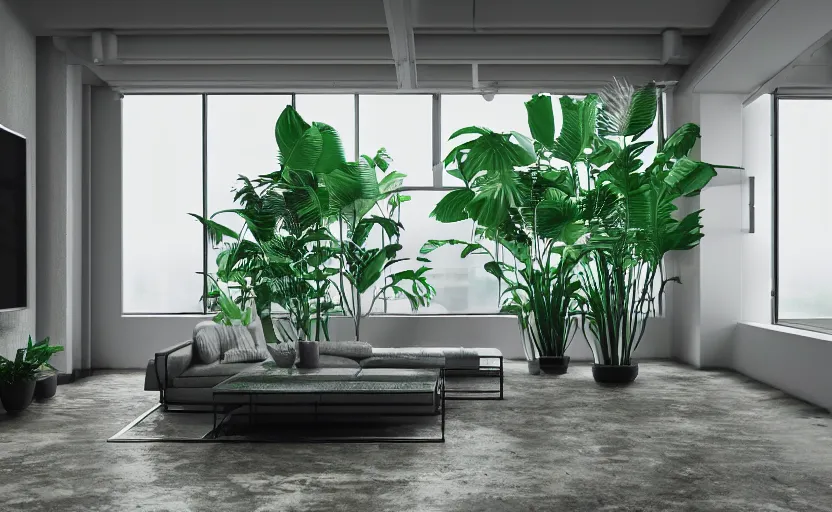 Prompt: empty room brutalist interior, big tv screen in the middle, tropical indoor plants, open shiny floor, v - ray render, high contras