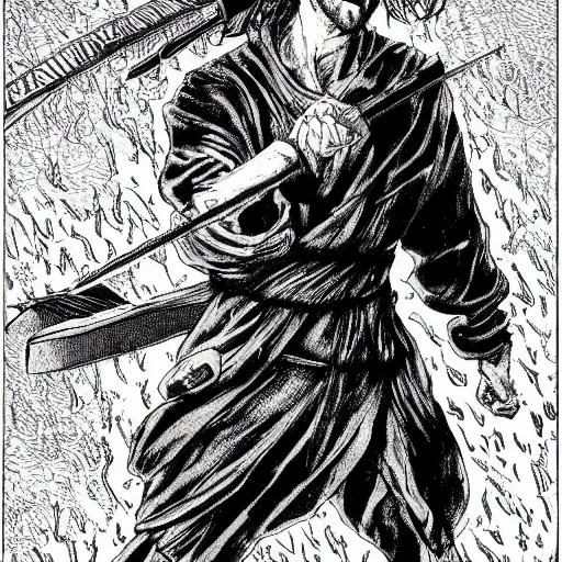 Image similar to pen and ink!!!! attractive 22 year old deus ex Frank Zappa x Ryan Gosling golden!!!! Vagabond!!!! floating magic swordsman!!!! glides through a beautiful battlefield magic the gathering dramatic esoteric!!!!!! pen and ink!!!!! illustrated in high detail!!!!!!!! by Hiroya Oku!!!!!!!!! Written by Wes Anderson graphic novel published on Cartoon Network MTG!!! 2049 award winning!!!! full body portrait!!!!! action exposition manga panel