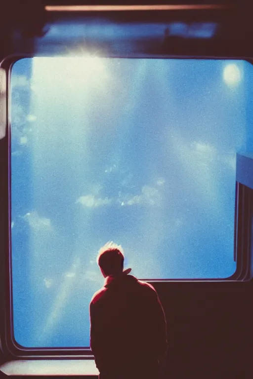 Image similar to agfa vista 4 0 0 photograph of a guy in a spaceship looking out a window into space, back view, synth vibe, vaporwave colors, lens flare, moody lighting, moody vibe, telephoto, 9 0 s vibe, blurry background, grain, tranquil, calm, faded!,