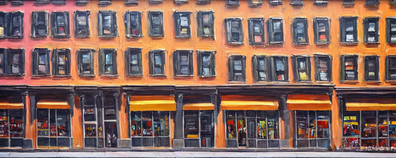 Image similar to painting of a building facade. storefronts. city block. new york.