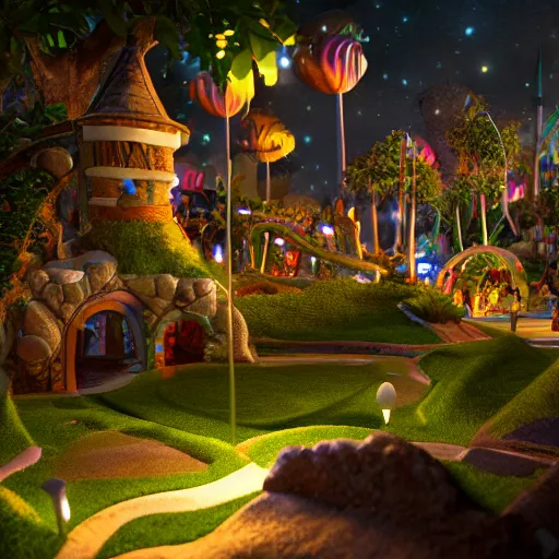 Prompt: magical mini putt course, hyper realistic, ambient lighting, concept art, intricate, hyper detailed, smooth, dynamic volumetric lighting, octane, raytrace, cinematic, high quality, high resolution, 4 k, cgsociety, rutkowski, gurney