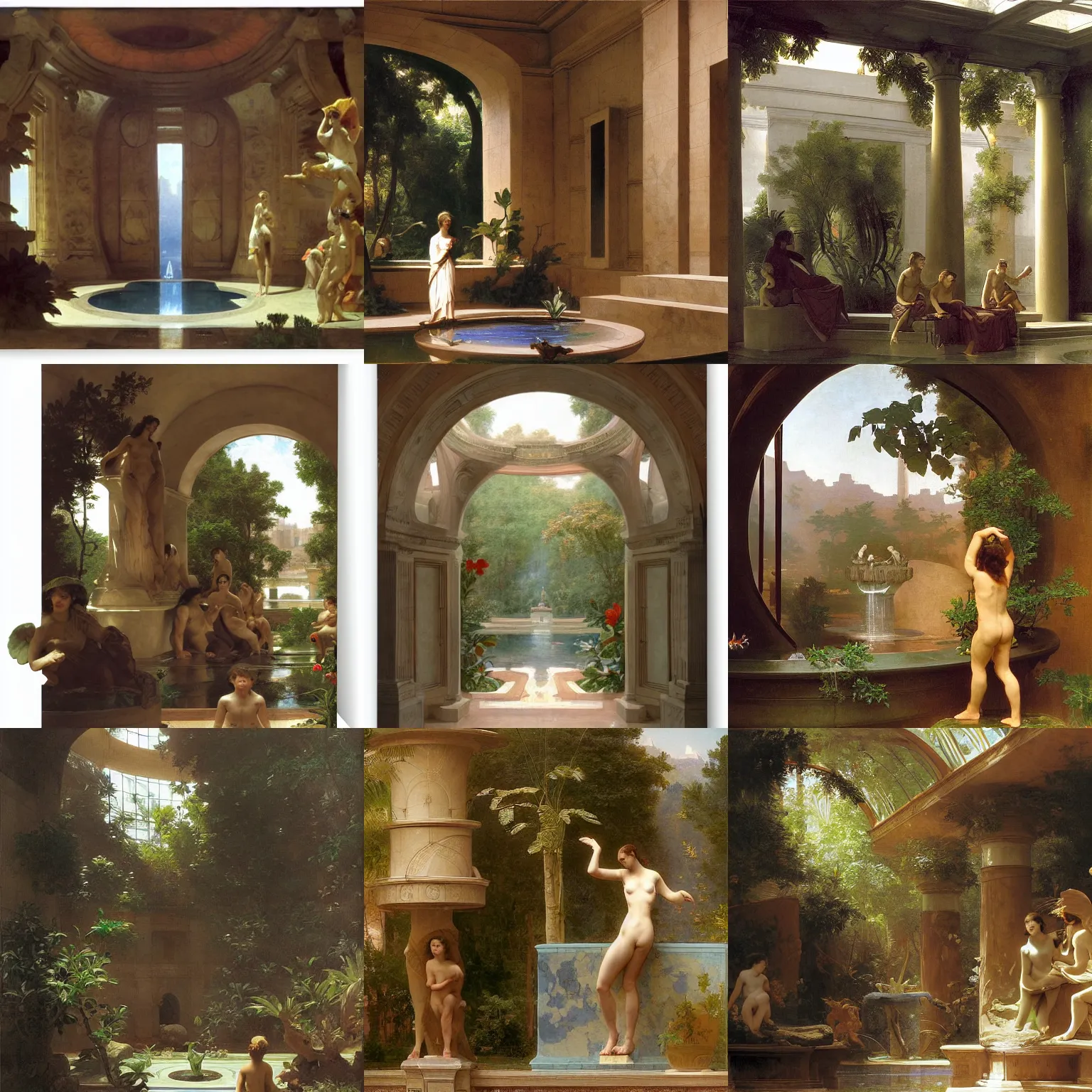 Prompt: interior view asimov mars habitat flora fauna fountain by william - adolphe bouguereau