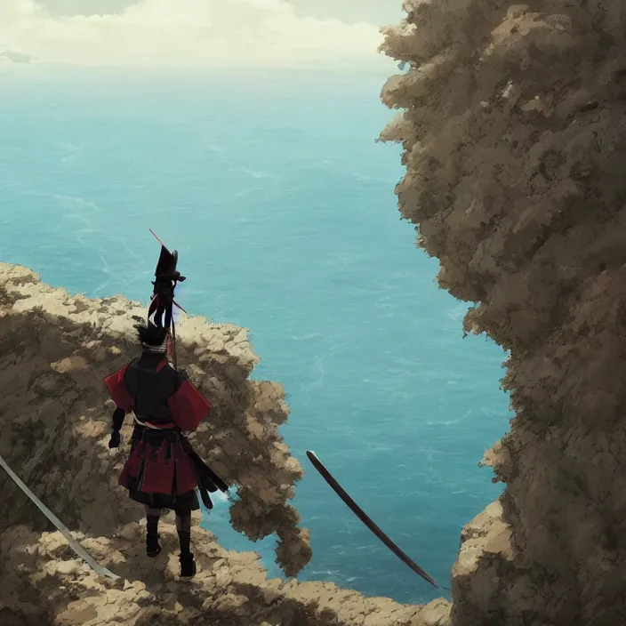 Prompt: an anime still of a ronin samurai standing on the edge of a cliff overlooking the ocean, confident looking, finely detailed features, perfect art, at an ancient castle, trending on pixiv fanbox, painted by greg rutkowski makoto shinkai takashi takeuchi studio ghibli, akihiko yoshida