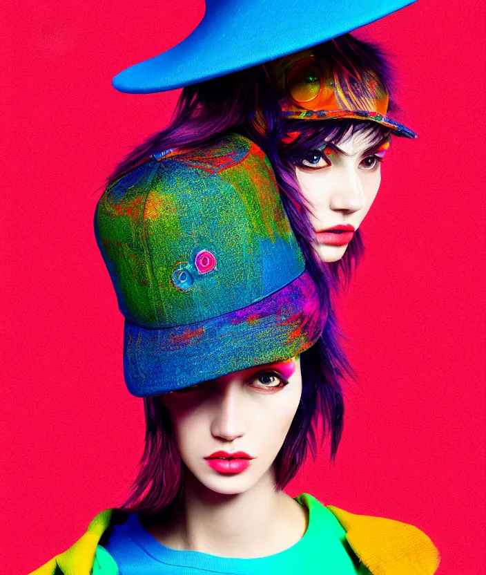 Prompt: full portrait of a post modern fashion model with an exuberant neo bio hat, colorful, beautiful face, octane render, vray, detailed, halftoned, editorial illustration, matte print, grainy light, ( ( dither ) ), risograph, high contrast, screen print, grainy texture