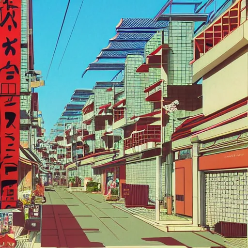 Image similar to japanese town, neighborhood, modern neighborhood, japanese city, underground city, modern city, tokyo - esque town, 2 0 0 1 anime, cel - shading, compact buildings, art by syd mead