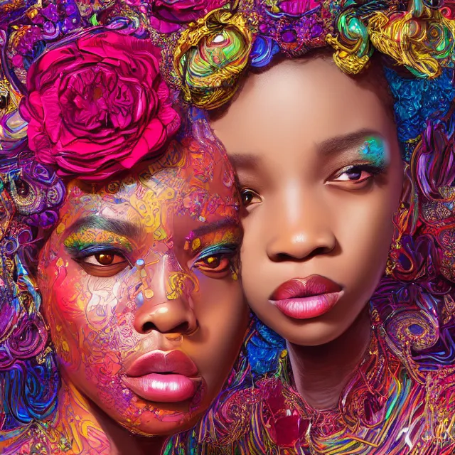 Prompt: studio portrait absurdly beautiful, elegant, lovely, young hypercolorful sensual african idol rubies red petals gems, ultrafine hyperrealistic detailed face illustration by kim jung gi, irakli nadar, intricate linework, sharp focus, bright colors, matte, octopath traveler, final fantasy, unreal engine highly rendered, global illumination, radiant light, intricate rainbow environment