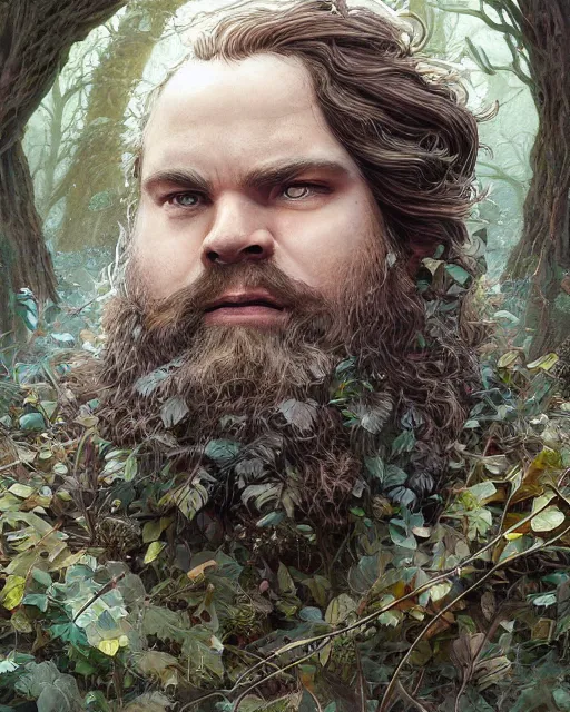 Image similar to patrick rothfuss as a forest druid with ram horns and leaves in his beard, dreamy and ethereal, fantasy, intricate, elegant, highly detailed, digital painting, artstation, concept art, smooth, sharp focus, illustration, art by artgerm and greg rutkowski and donato giancola