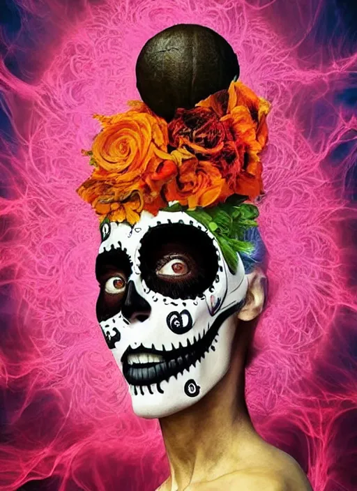 Prompt: dia de los muertos theme surrealist art in the styles of igor morski, jim warren, and aida muluneh, intricate, hyperrealistic, accurate facial details, profile picture with chromakey!!!!! background, volumetric lighting