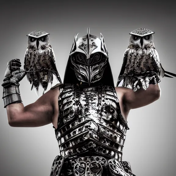 Image similar to photo of a warrior with metal owl theme armour, 4 k, hdr, smooth, sharp focus, high resolution, award - winning photo