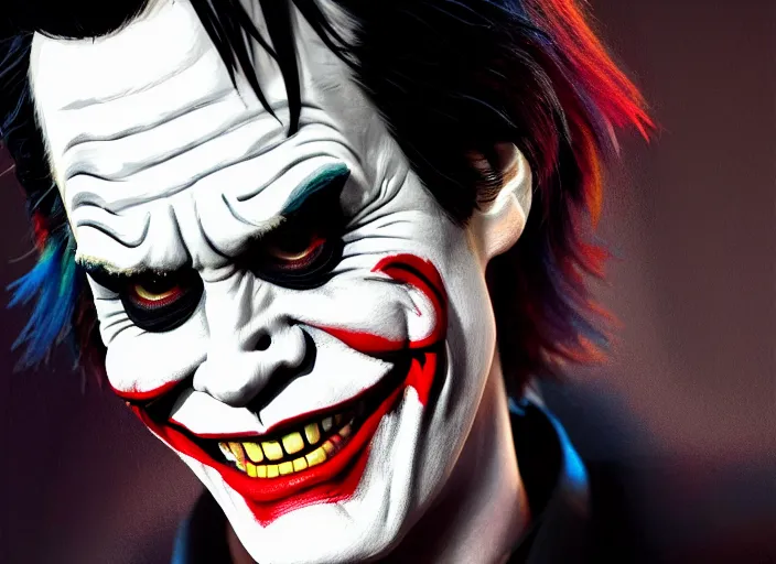 Image similar to a film still portrait of jim carrey joker, finely detailed features, closeup of face, cinematic lighting, perfect art, night cyberpunk city, intricate, anime, gapmoe grimdark, artstation, trending on pixiv fanbox, painted by greg rutkowski makoto shinkai takashi takeuchi studio ghibli, akihiko yoshida, 4 k