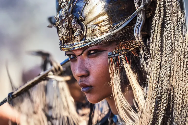 Image similar to close - up photo of a beautiful tai warrior princess in a battle scene, detailed eyes, shallow depth of field, photorealistic, cinematic lighting, lovely bokeh, warm colours, dusk