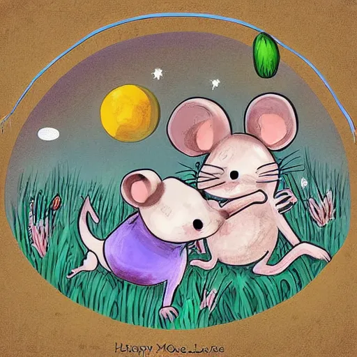 Prompt: two happy mice on a cheddar planet, highly detailed, digital art