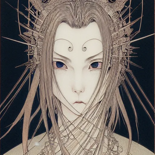 Image similar to prompt: Fragile looking vessel portrait soft light drawn by Takato Yamamoto, inspired by Fables, weapons around the face, ancient dark chrome knight armor, magical and alchemical objects on the side, soft light, white background, intricate detail, intricate oil painting detail, sharp high detail, manga and anime 2000