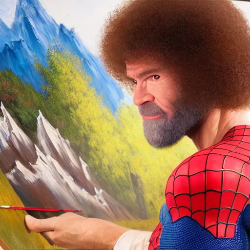 Image similar to a closeup photorealistic photograph of bob ross working on a canvas painting of spiderman. film still. brightly lit scene. mountains and trees. this 4 k hd image is trending on artstation, featured on behance, well - rendered, extra crisp, features intricate detail, epic composition and the style of unreal engine.